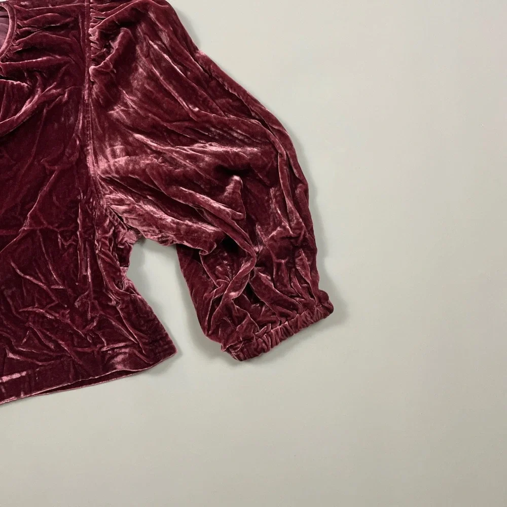 Banana Republic Velvet Tie Front Puff Sleeve Top Burgundy Retail $110